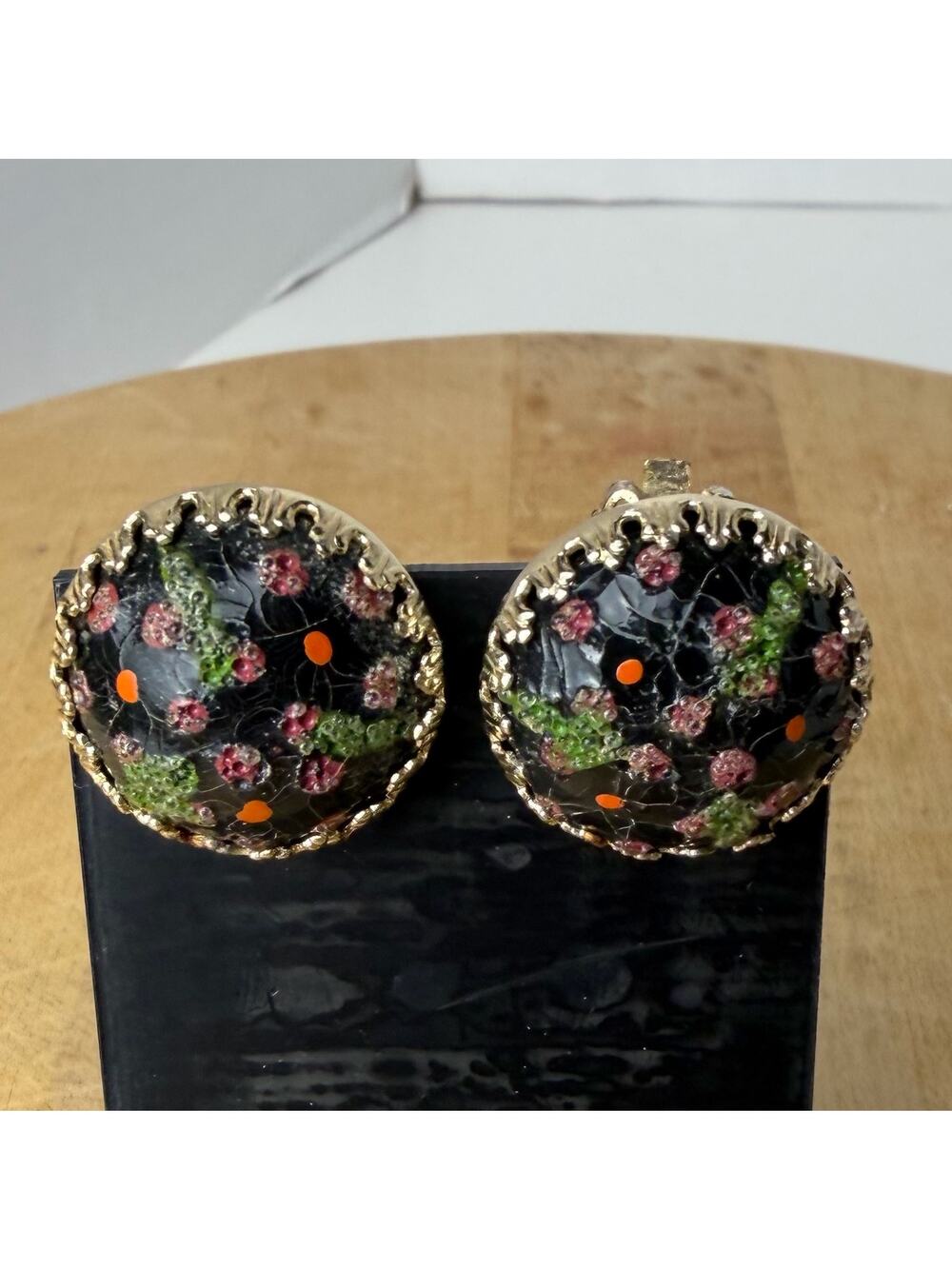VTG Japan Clip‎ Earrings Faux Murano Millefiori Black Dome Gold Crown 1950s Gift